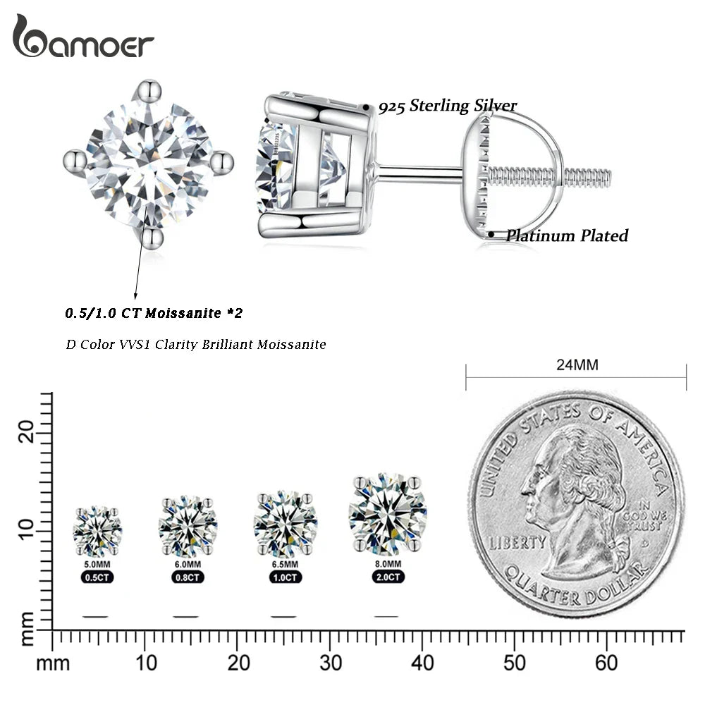Moissanite Stud Earrings 2CT VVS1 925 Sterling Silver Screw Back Classic