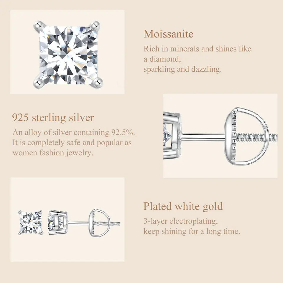 Moissanite Stud Earrings 0.5-1ct Screw Back D VVS1 Lab Created White Gold
