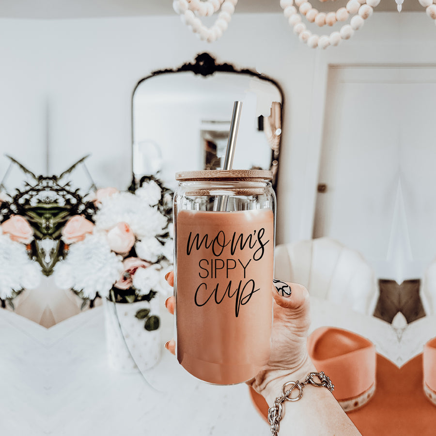 Mom's Sippy 17oz Glass Tumbler With Bamboo Lid 2 Stainless Straws And Cleaner