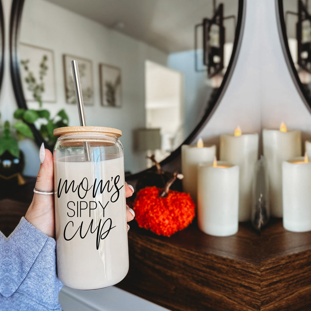 Mom's Sippy 17oz Glass Tumbler With Bamboo Lid 2 Stainless Straws And Cleaner