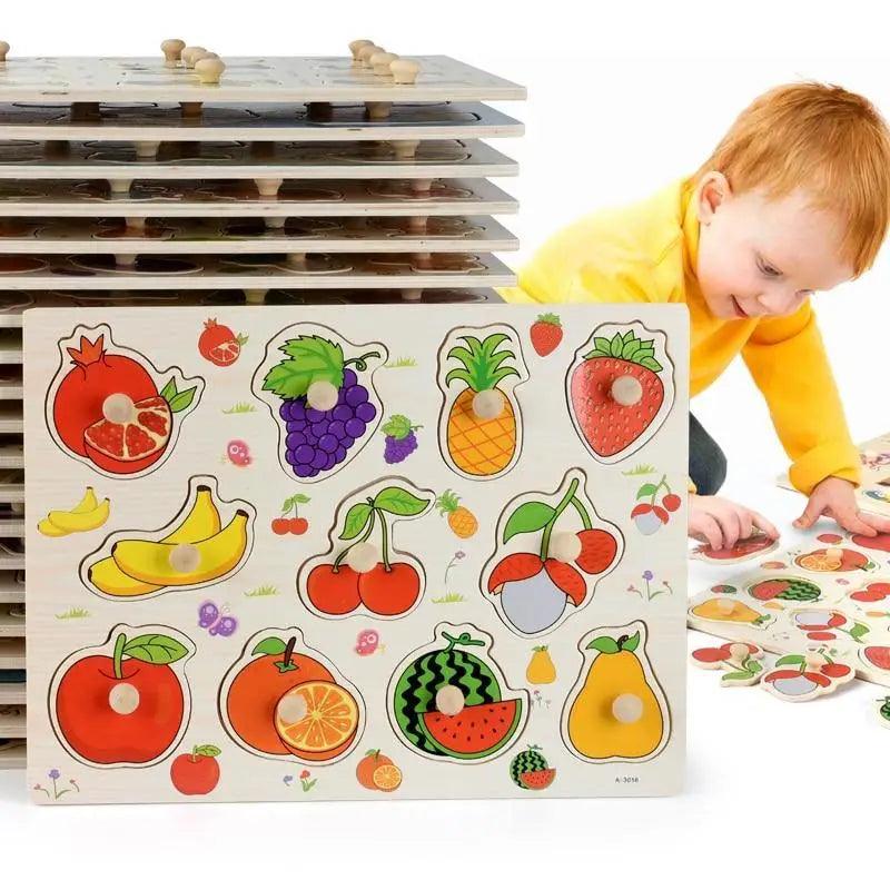 Montessori Wooden Puzzles Hand Grab Boards Toys Tangram Baby Educational Toys Cartoon Vehicle Animals Fruits 3D Puzzles