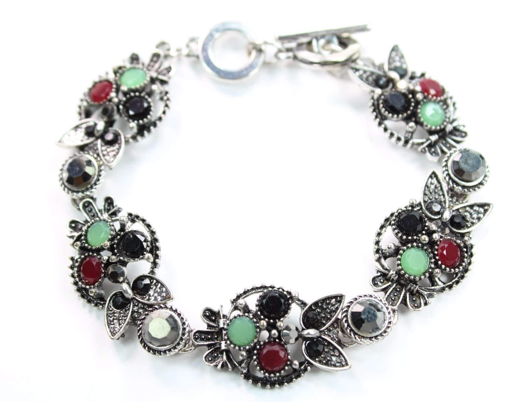 Multi Crystal Owl Bracelet Silver Vintage Gemstone Charm