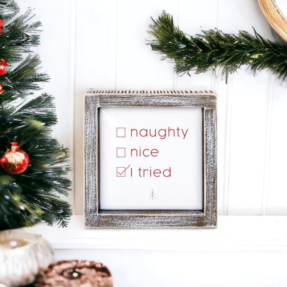 Naughty Nice I Tried 5in Wood Embossed Christmas Sign Holiday Decor