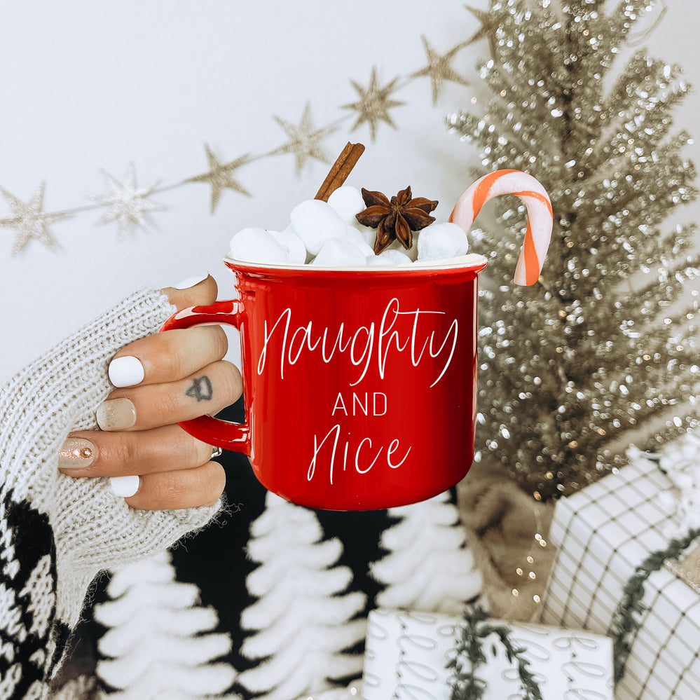 Naughty And Nice Coffee Mug Ceramic Campfire Style 14.5oz Red Or Green Double Side Design