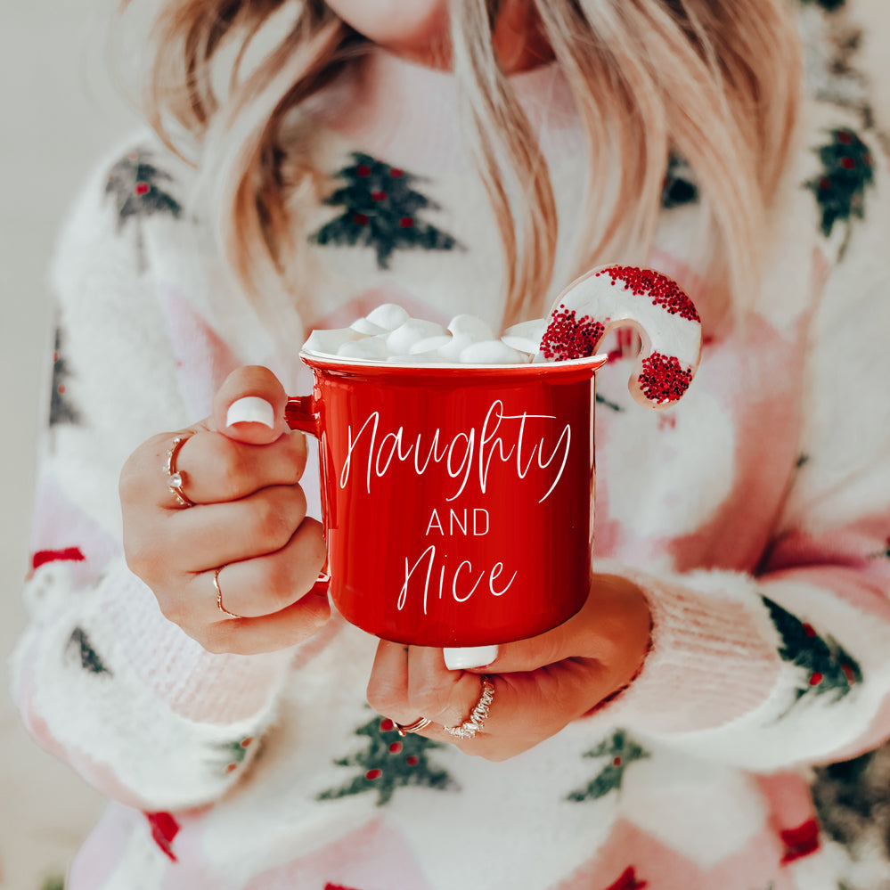 Naughty And Nice Coffee Mug Ceramic Campfire Style 14.5oz Red Or Green Double Side Design