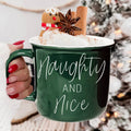 Naughty And Nice Coffee Mug Ceramic Campfire Style 14.5oz Red Or Green Double Side Design