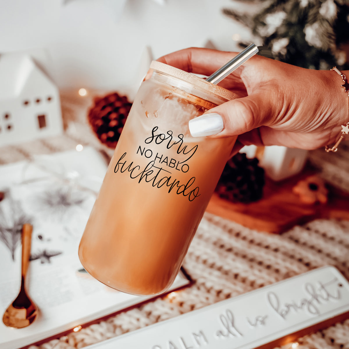 No Hablo 17oz Glass Tumbler With Bamboo Lid, 2 Stainless Straws And Cleaner