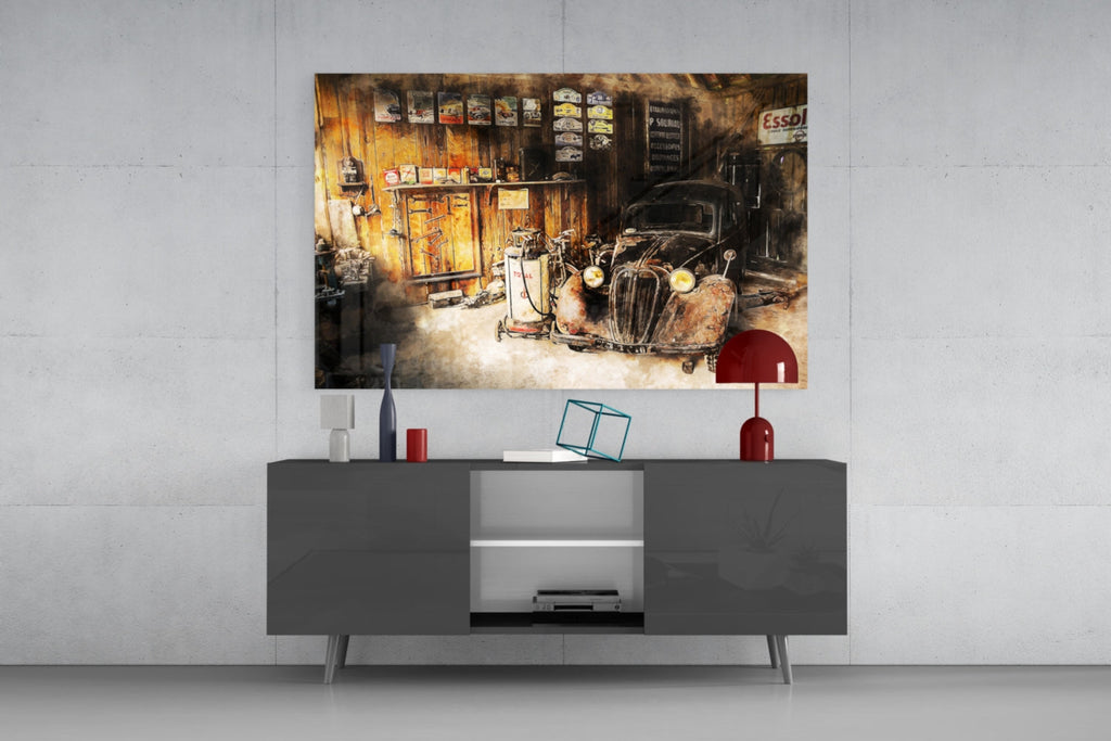 Retro Old Garage Glass Wall Art