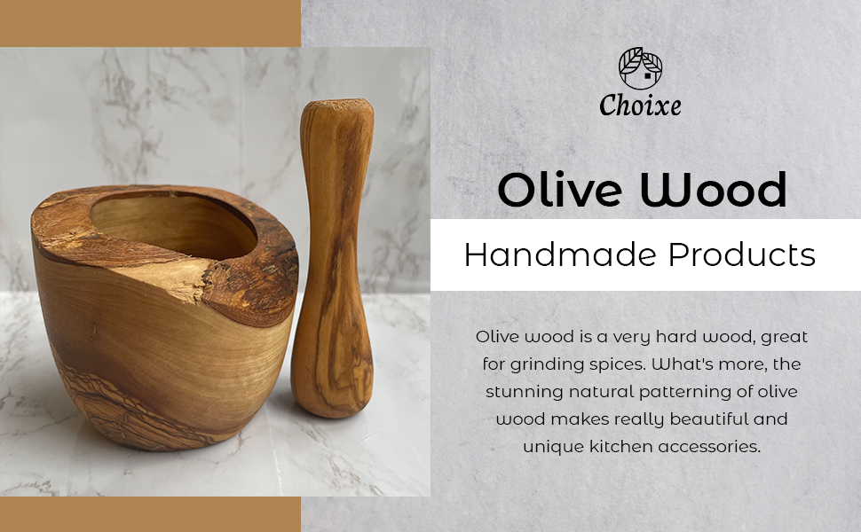 Olive Wood Mortar Pestle Rustic Handmade Kitchen Grinder For Spices