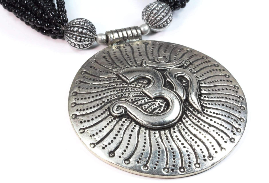 Om Pendant Statement Necklace Silver Beaded Boho Yoga