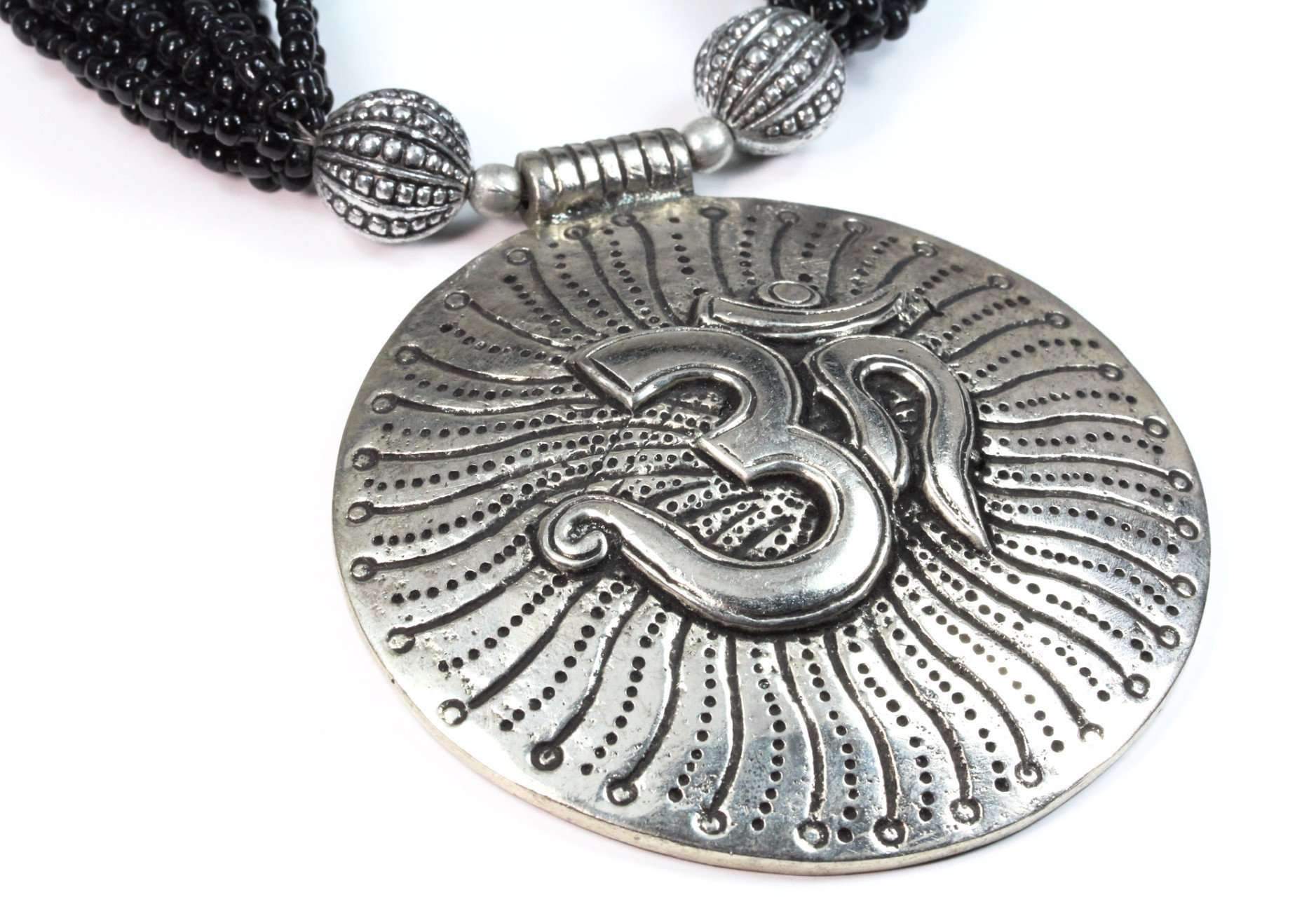 Om Pendant Statement Necklace Silver Beaded Boho Yoga