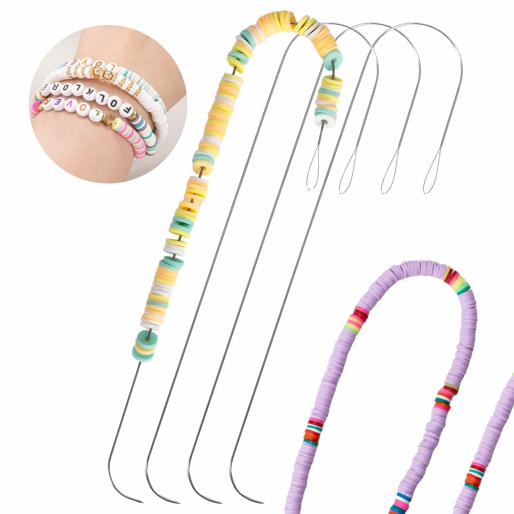 4 Pieces Large Eye Curved Beading Needles with Handle,5.3" Stainless Bead Needle