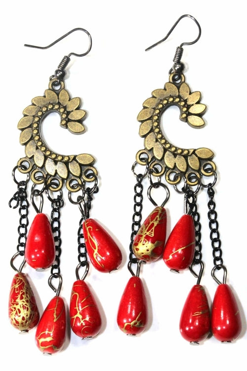 Paisley Petal Dangle Earrings With Red Shimmer Beads