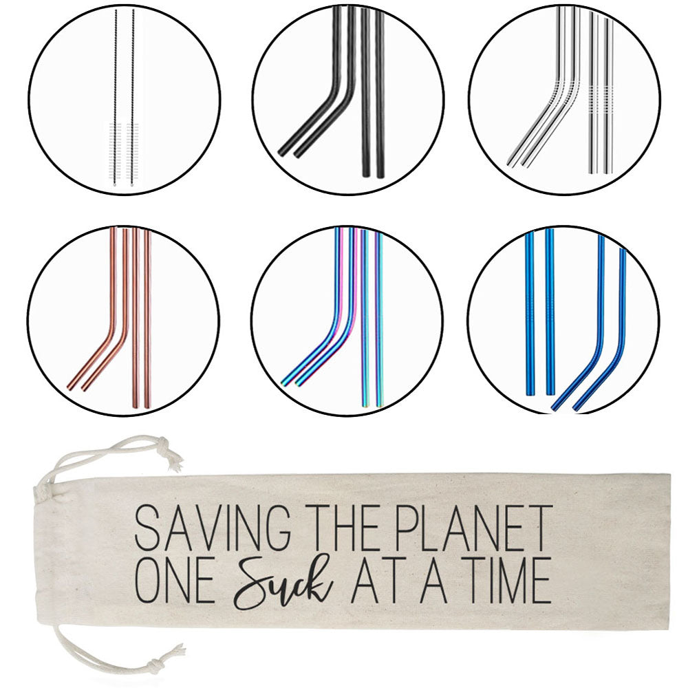 Reusable Stainless Steel Straw Set 6 Piece With Cleaning Brush Cotton Linen Bag Eco Gift