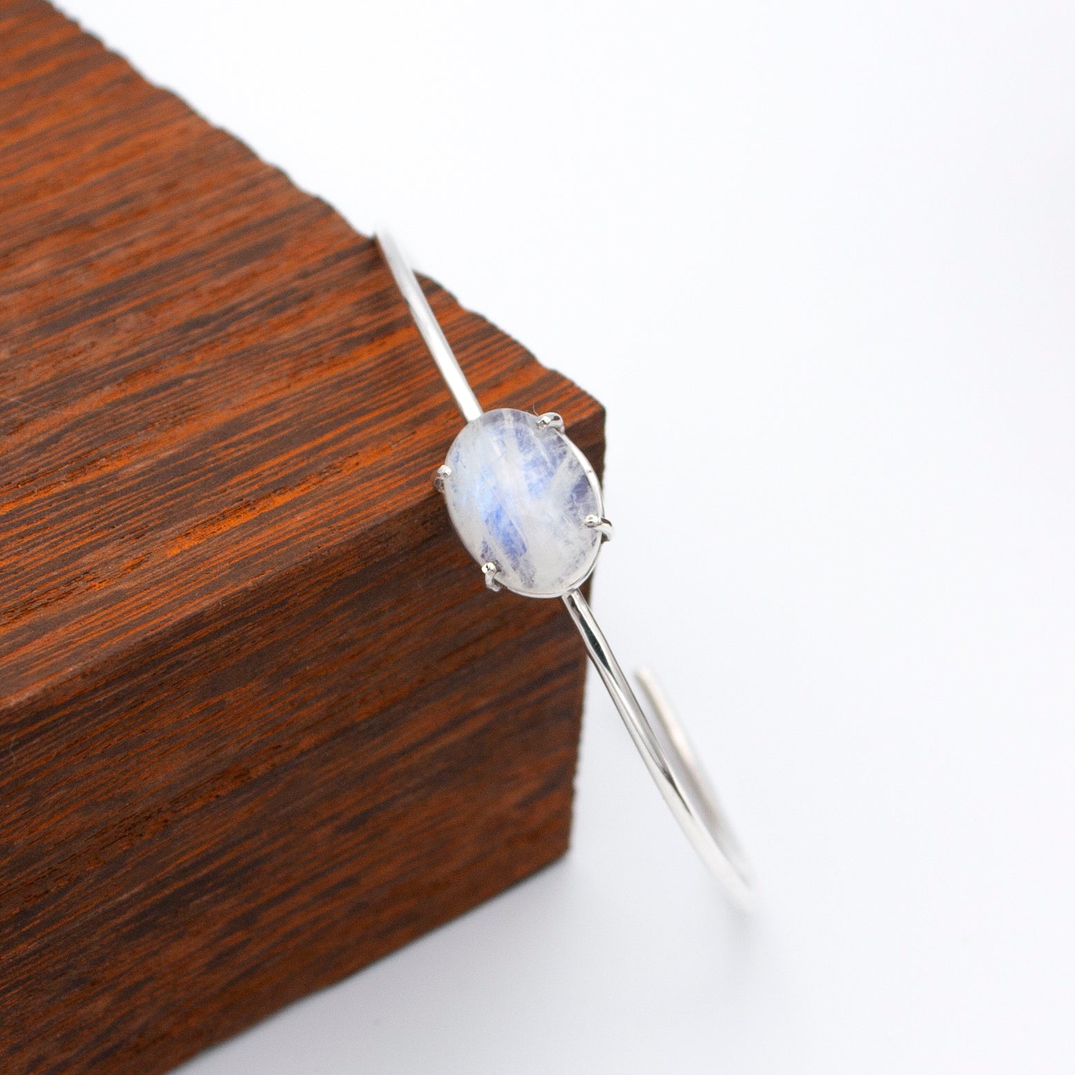 Rainbow Moonstone Sterling Silver Delicate Bangle Bracelet