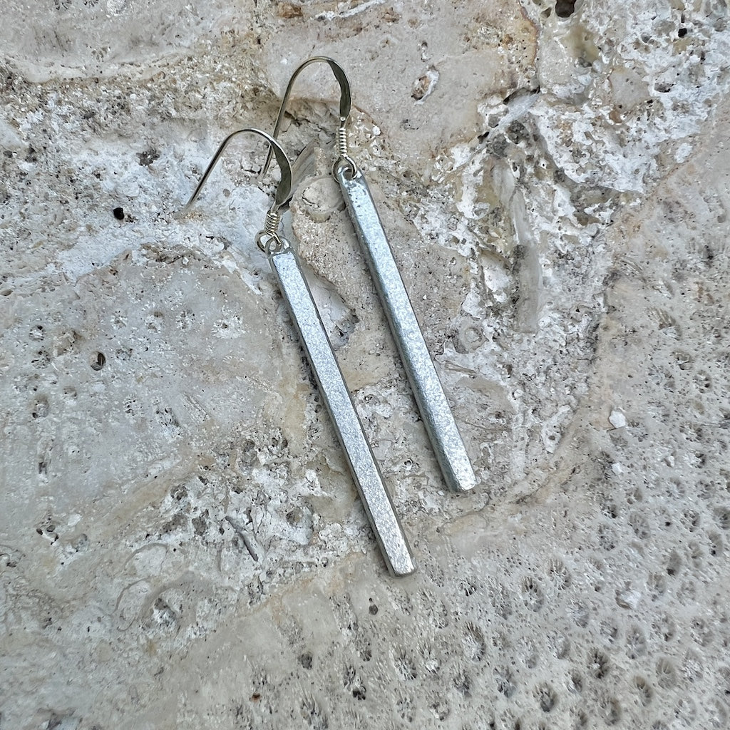 Recycled Aluminum Bombshell Bar Drop Earrings Lightweight 2in Minimalist