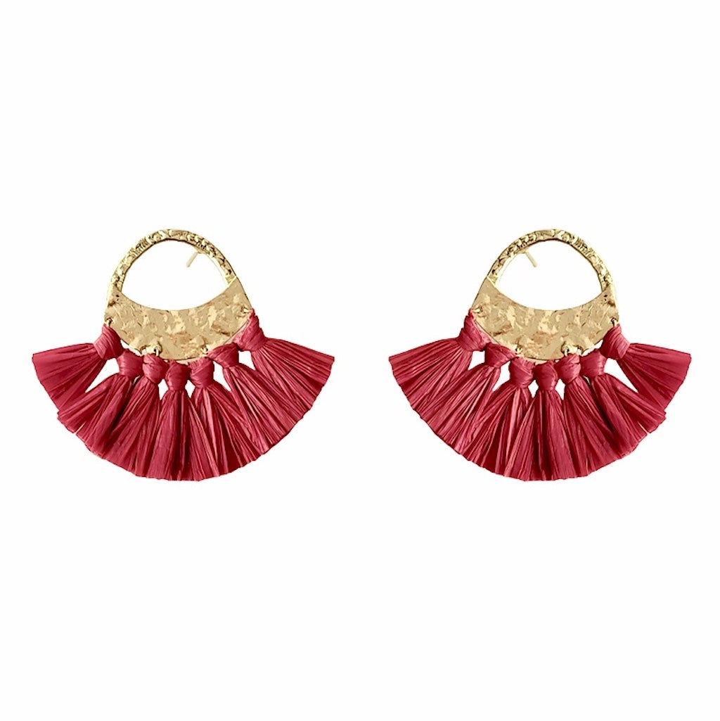 Red Raffia Fan Earrings Lightweight Boho Fringe Dangle Brass Hooks