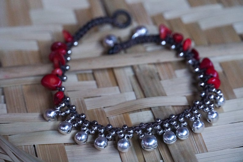 Red Stone Silver Bell Boho Anklet Adjustable Chain Women