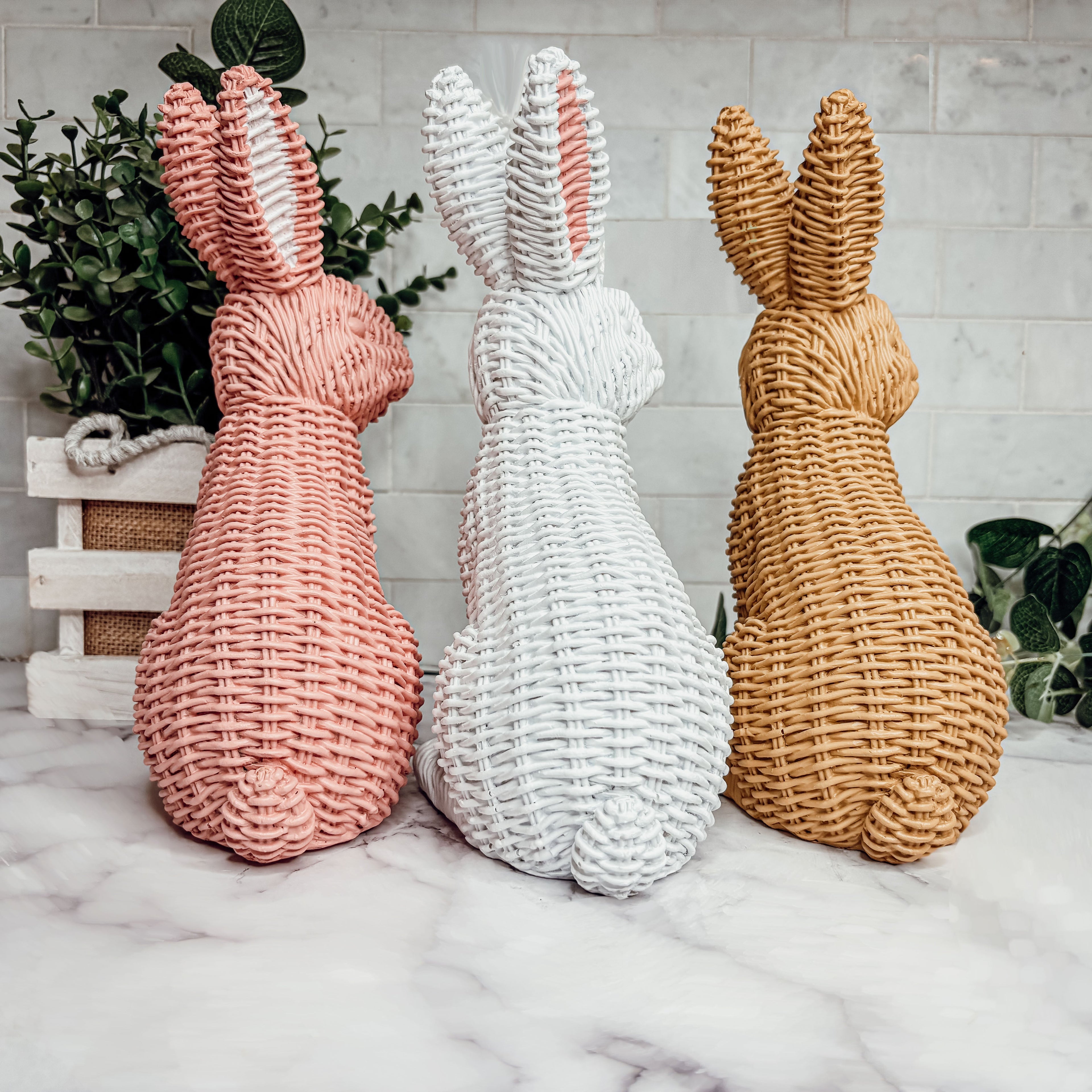 Resin Basket Weave Bunny Figurine Rattan Style Easter Decor 3 Color Options