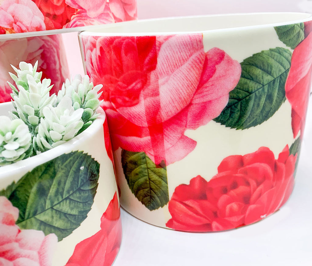Rose Floral Cachepot Vase - Rose Pattern Planter Large Candle Holder
