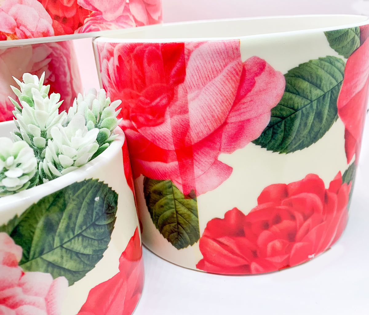 Rose Floral Cachepot Vase - Rose Pattern Planter Large Candle Holder