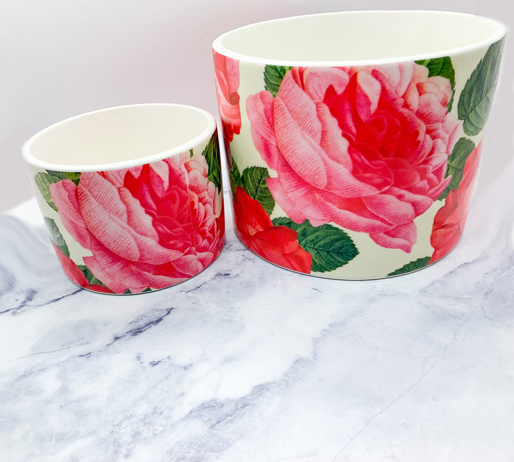 Rose Floral Cachepot Vase - Rose Pattern Planter Large Candle Holder