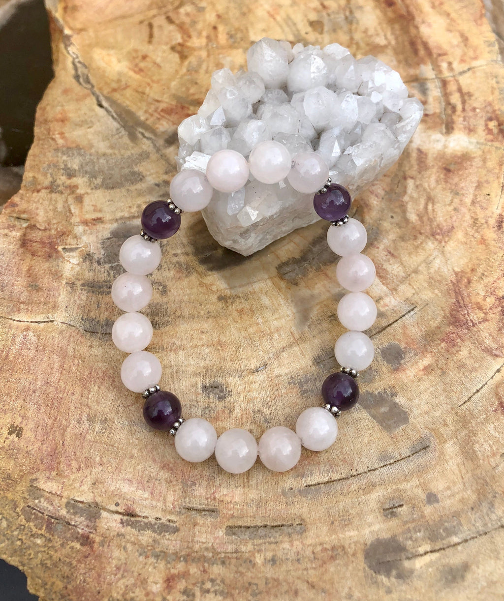 Rose Quartz Amethyst Beaded Stretch Bracelet Healing Gem