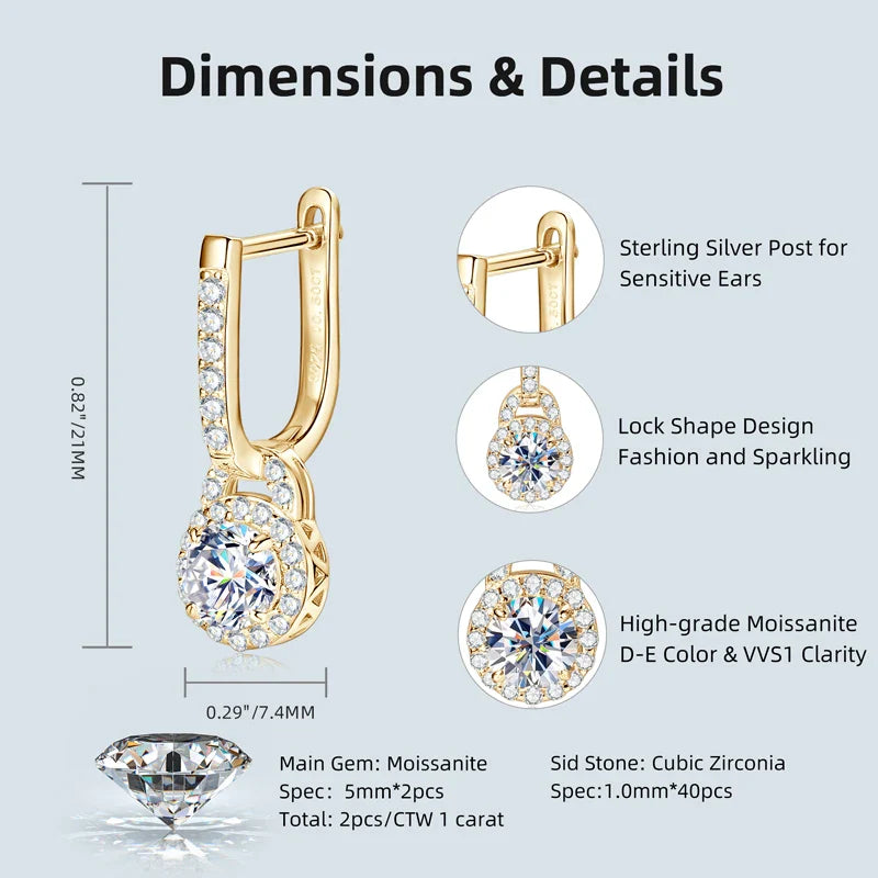 S925 Sterling Silver 0.5ct Moissanite Dangle Hoop Earrings for Women