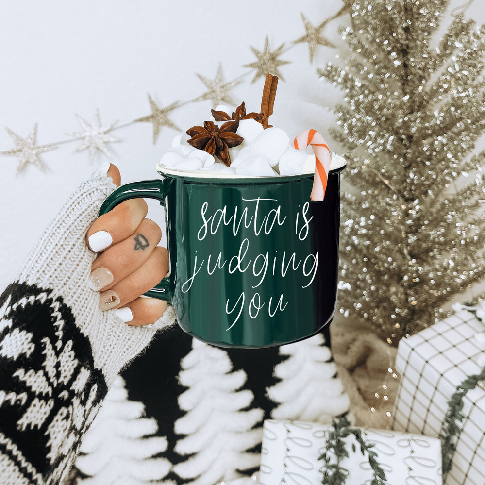 Santa Is Judging Mug 14.5oz Ceramic Campfire Style Holiday Coffee Mug Red Or Green Double Sided
