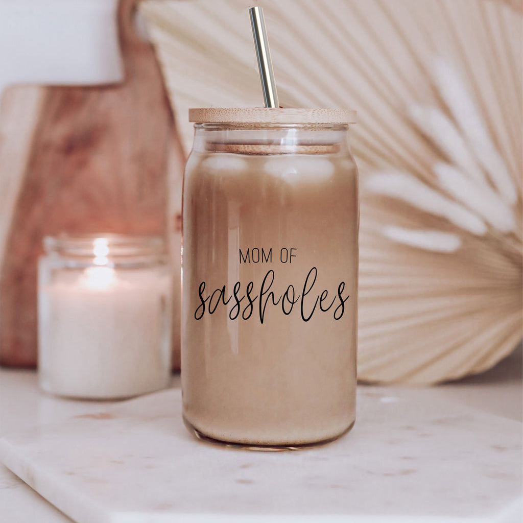 Funny Mom 17oz Glass Tumbler With Bamboo Lid, 2 Stainless Straws and Cleaner