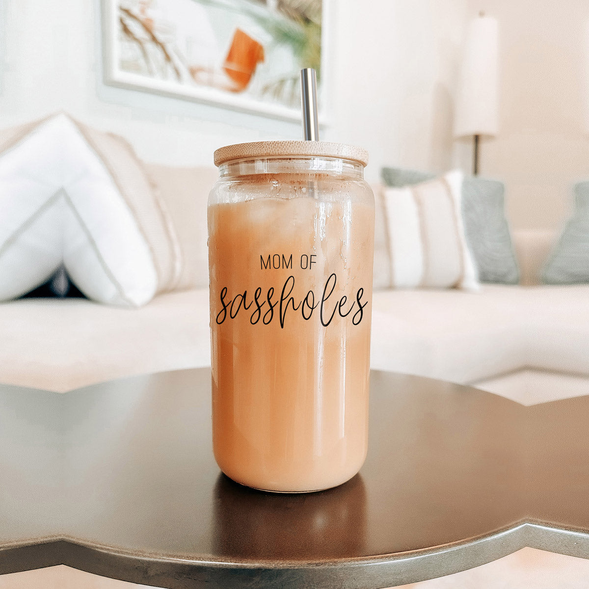 Funny Mom 17oz Glass Tumbler With Bamboo Lid, 2 Stainless Straws and Cleaner