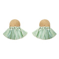 Sea Green Raffia Fan Earrings Lightweight Boho Brass Dangle Summer Jewelry