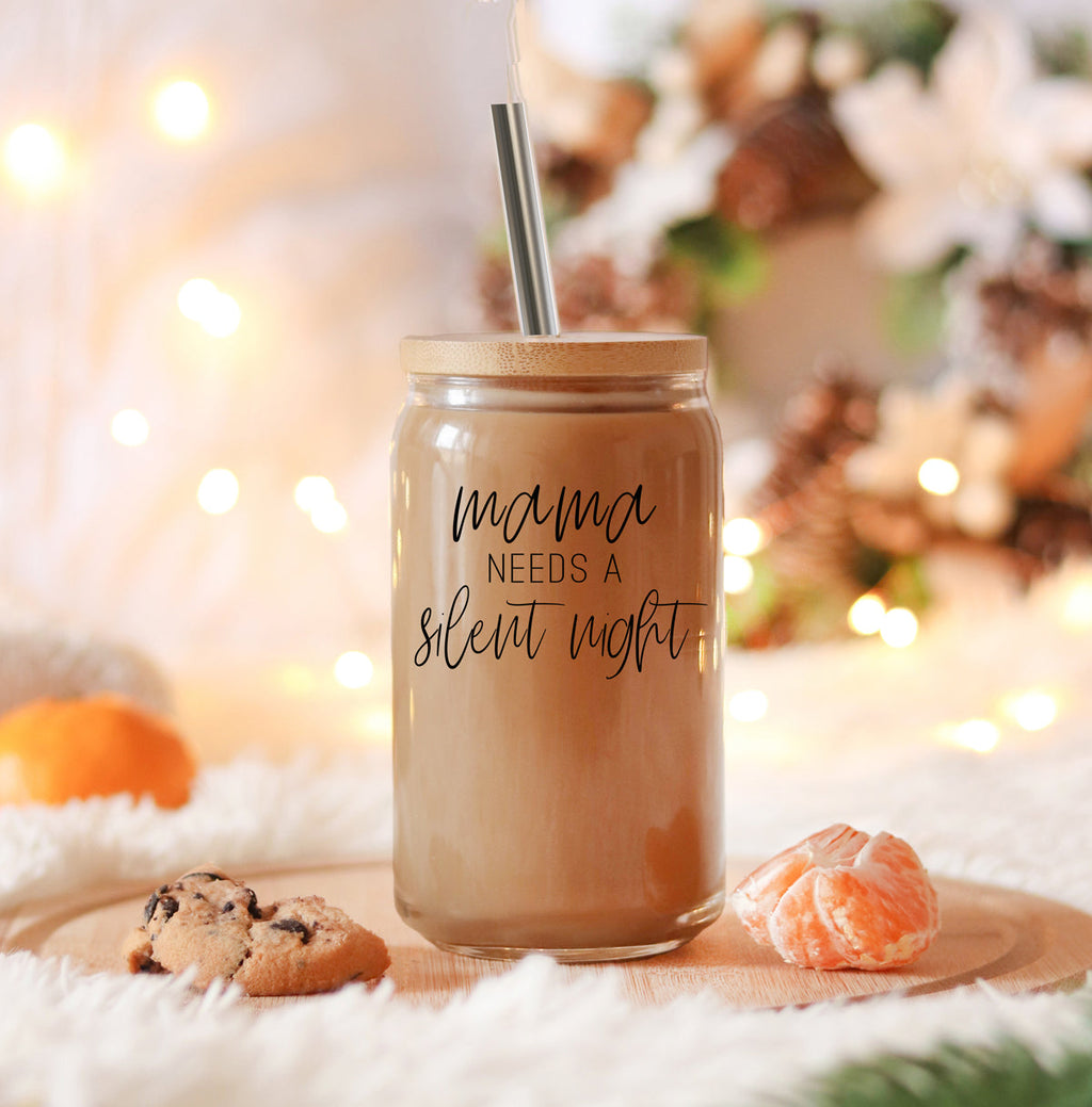 Silent Night 17oz Glass Tumbler With Bamboo Lid, 2 Stainless Straws and Cleaner