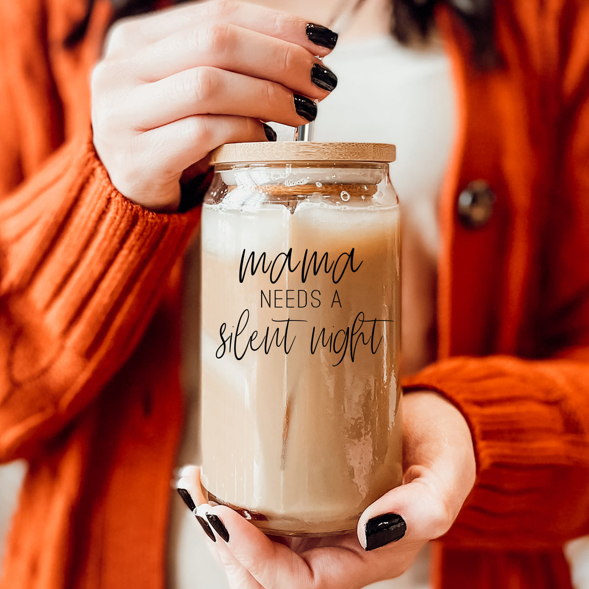 Silent Night 17oz Glass Tumbler With Bamboo Lid, 2 Stainless Straws and Cleaner