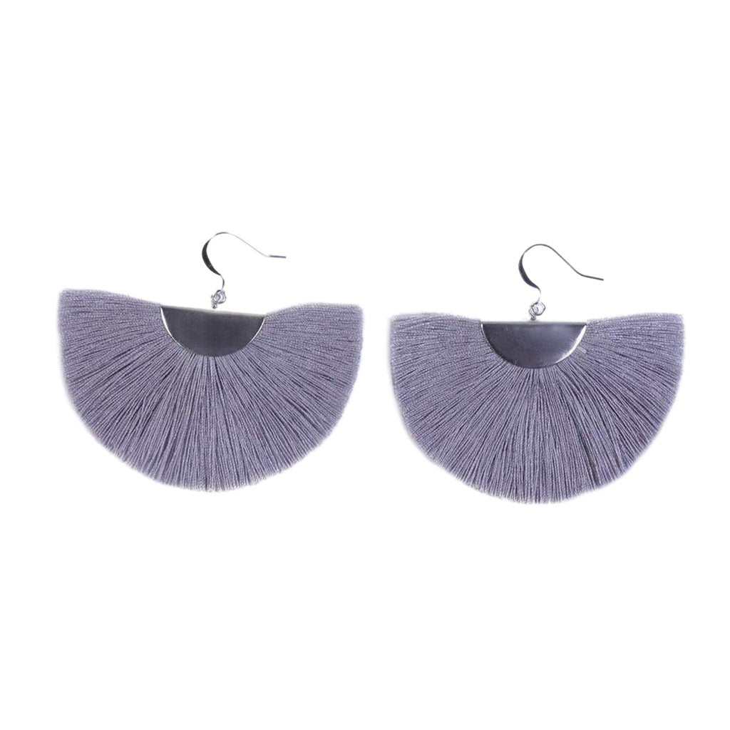 Silver Half Moon Fan Earrings Boho Cotton Fringe Drop Lightweight Handmade 2 x 2.5 Inches