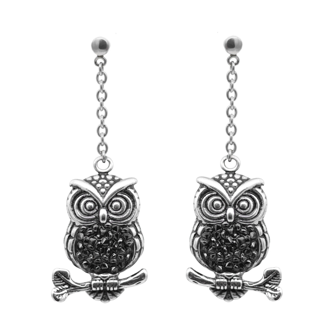 Silver Owl Dangle Earrings Long Chain Night Owl Charm