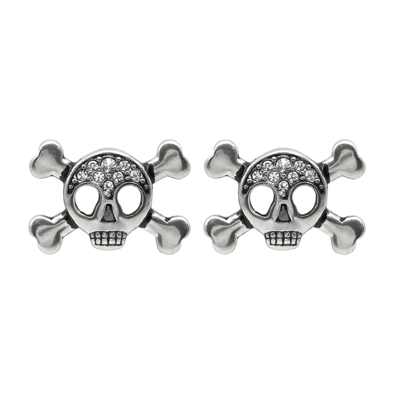 Silver Skull And Crossbones Stud Earrings With Rhinestone