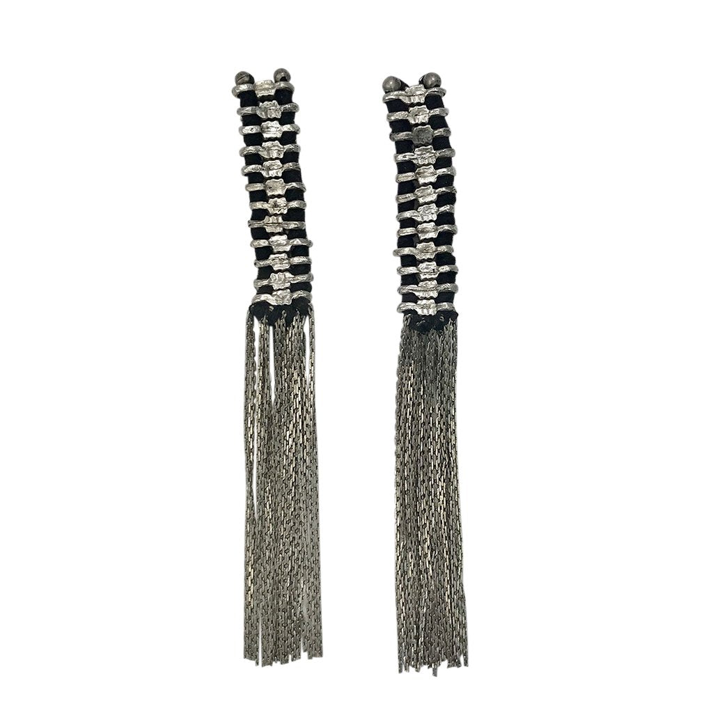Silver Temple Tassel Earrings Boho Fringe Indian Statement 4.5in Handmade