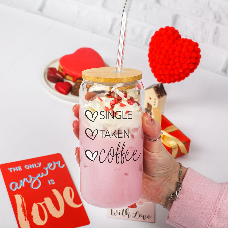 20oz Coffee Glass Cup With Bamboo Lid - Single Taken Coffee Heart Design