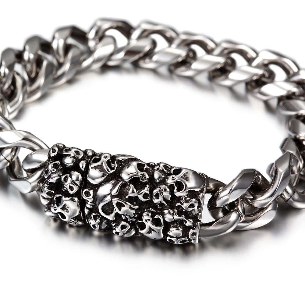 Skull Chain Bracelet Mens Stainless Steel Heavy Cuban Link