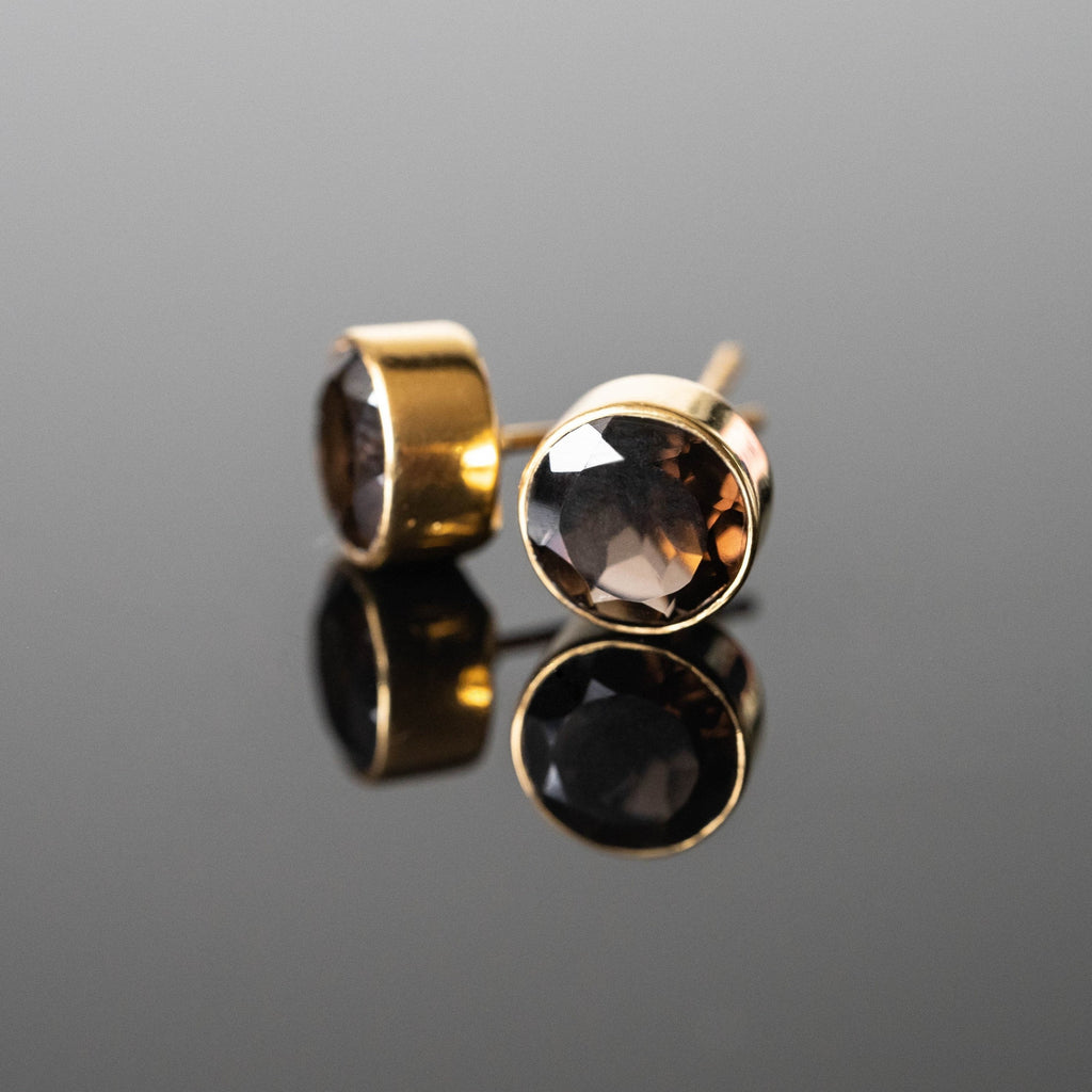 Smoky Quartz Round Stud Earrings Gold Plated 6mm Posts