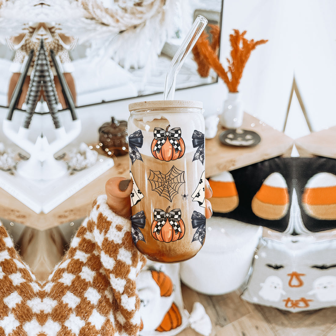 Halloween 20oz Glass Tumbler Bamboo Lid Stainless Straws Straw Cleaner