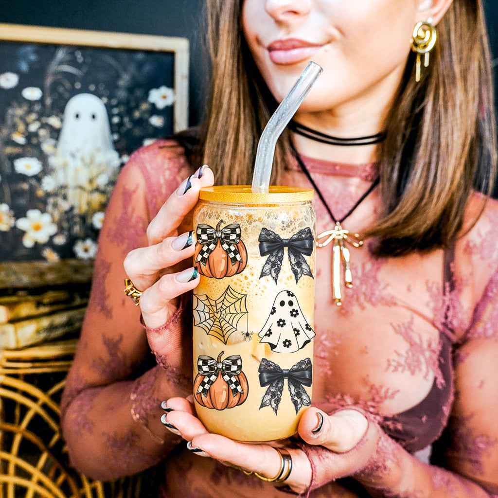 Halloween 20oz Glass Tumbler Bamboo Lid Stainless Straws Straw Cleaner