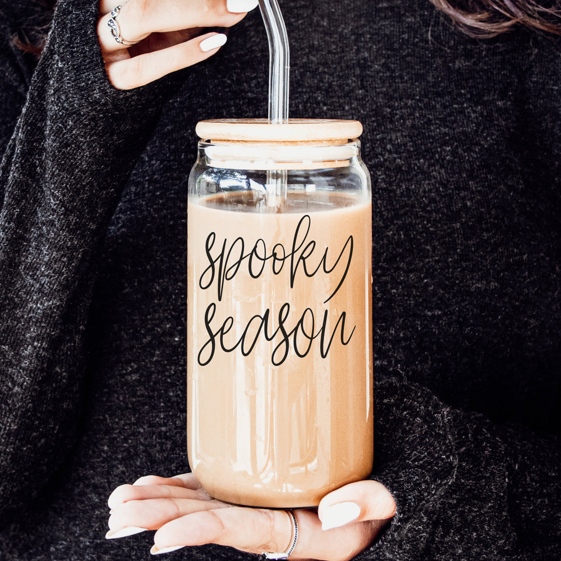 Hocus Pocus I Need Coffee 20oz Glass Tumbler Bamboo Lid 2 Stainless Straws