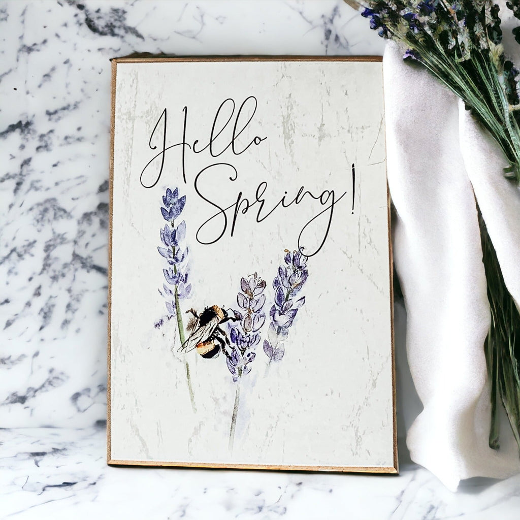 Hello Spring Wooden Block Sign Rustic Farmhouse Shelf Tabletop Decor