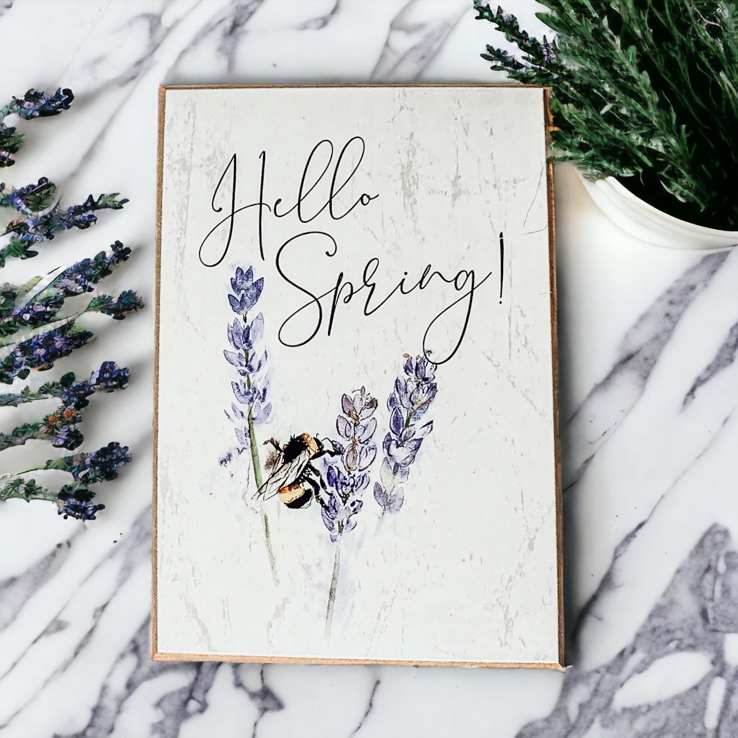 Hello Spring Wooden Block Sign Rustic Farmhouse Shelf Tabletop Decor