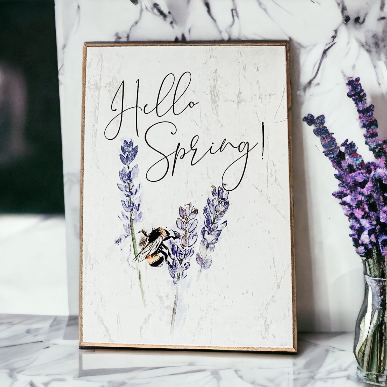 Hello Spring Wooden Block Sign Rustic Farmhouse Shelf Tabletop Decor