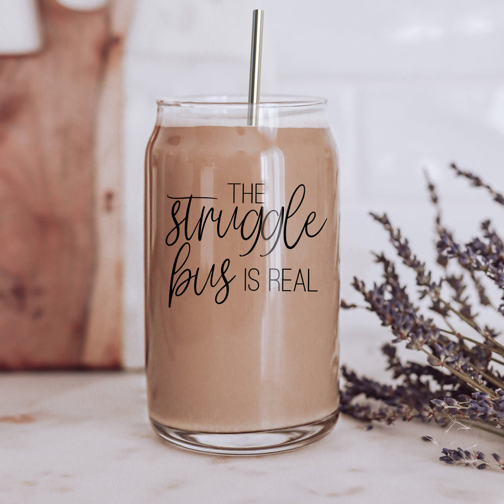 Struggle Bus 17oz Glass Tumbler Bamboo Lid 2 SS Straws and Cleaner Brush