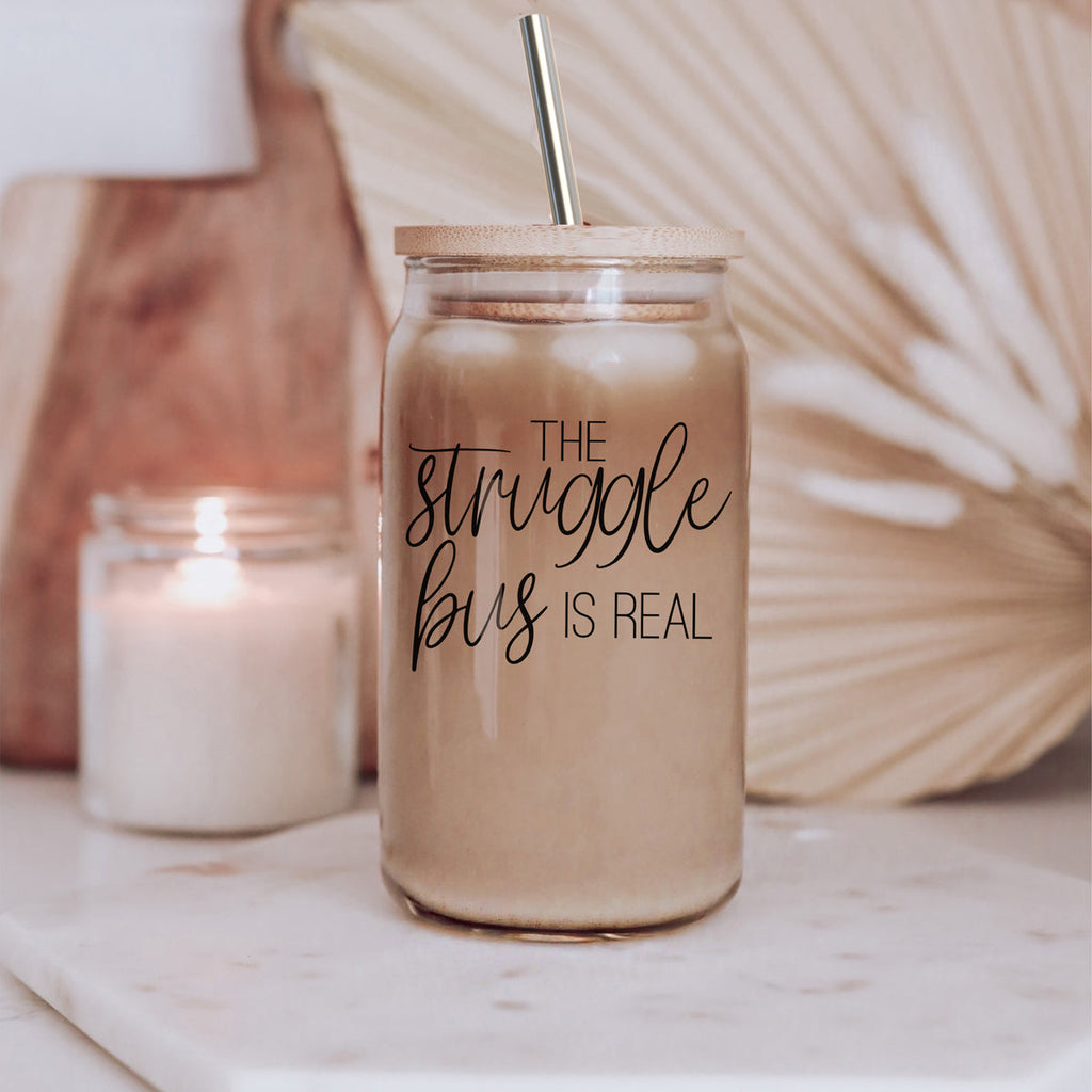 Struggle Bus 17oz Glass Tumbler Bamboo Lid 2 SS Straws and Cleaner Brush