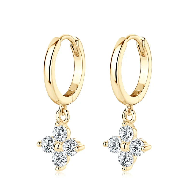 Sterling Silver 925 3mm Moissanite Four-Leaf Clover Hoop Dangle Earrings Women